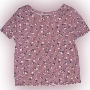 Girls Size 7/8 Purple Floral Ribbed Tee Cropped Faux Buttons Stretch Top